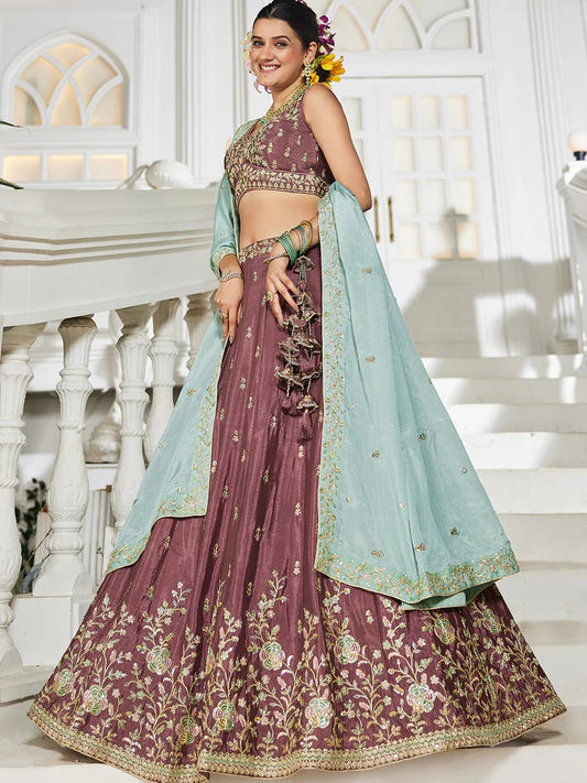 Chiffon Sequinse embroidery Semi-Stitched maroon Lehenga choli & Dupatta