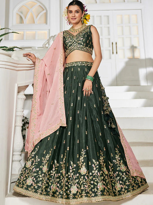 Chiffon Sequinse embroidery Semi-Stitched green Lehenga choli & Dupatta