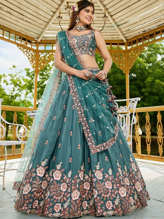 PDP Satin Sequinse embroidery Semi-Stitched sea blue green Lehenga choli & Dupatta