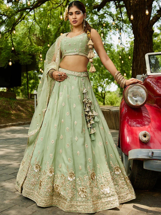 Chinnon Sequinse embroidery Semi-Stitched green Lehenga choli & Dupatta