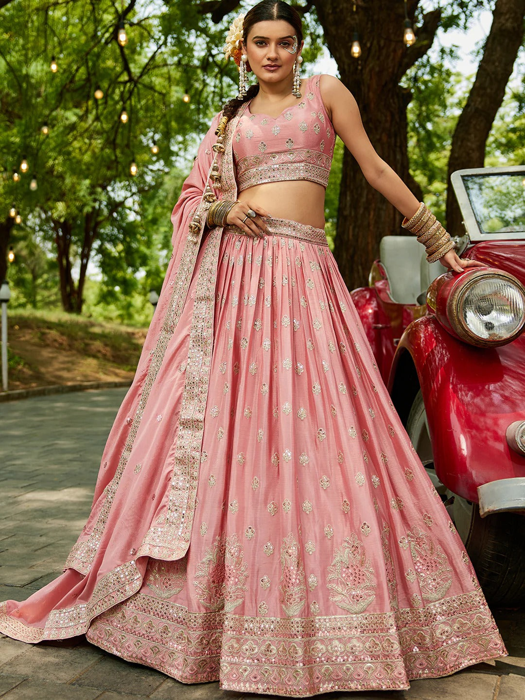deep pink net fish cut lehenga choli with dupatta Chiffon Sequinse embroidery Semi-Stitched pink Lehenga choli & Dupatta – Shopping World
