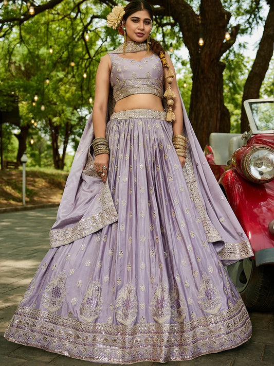 Chinnon Sequinse embroidery Semi-Stitched lavender Lehenga choli & Dupatta
