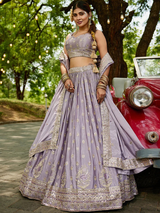 Chiffon Sequinse embroidery Semi-Stitched lilac Lehenga choli & Dupatta