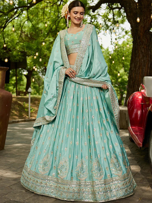 Chiffon Sequinse embroidery Semi-Stitched Sky blue Lehenga choli & Dupatta