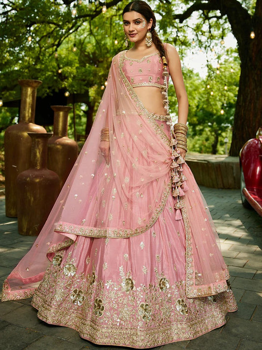 Chinnon Sequinse embroidery Semi-Stitched pink Lehenga choli & Dupatta