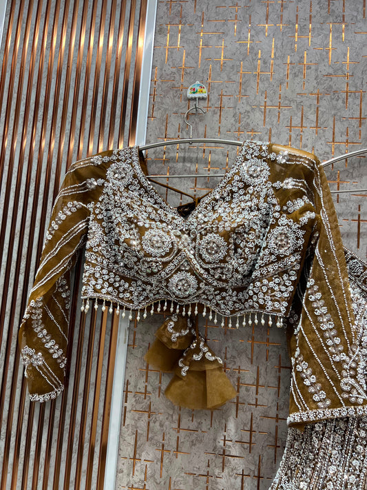 Mustard Brown Fish Cut Crop Top Lehenga