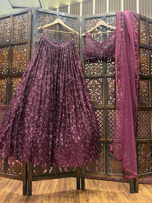 Embellished wine purple violet crop top Lehenga
