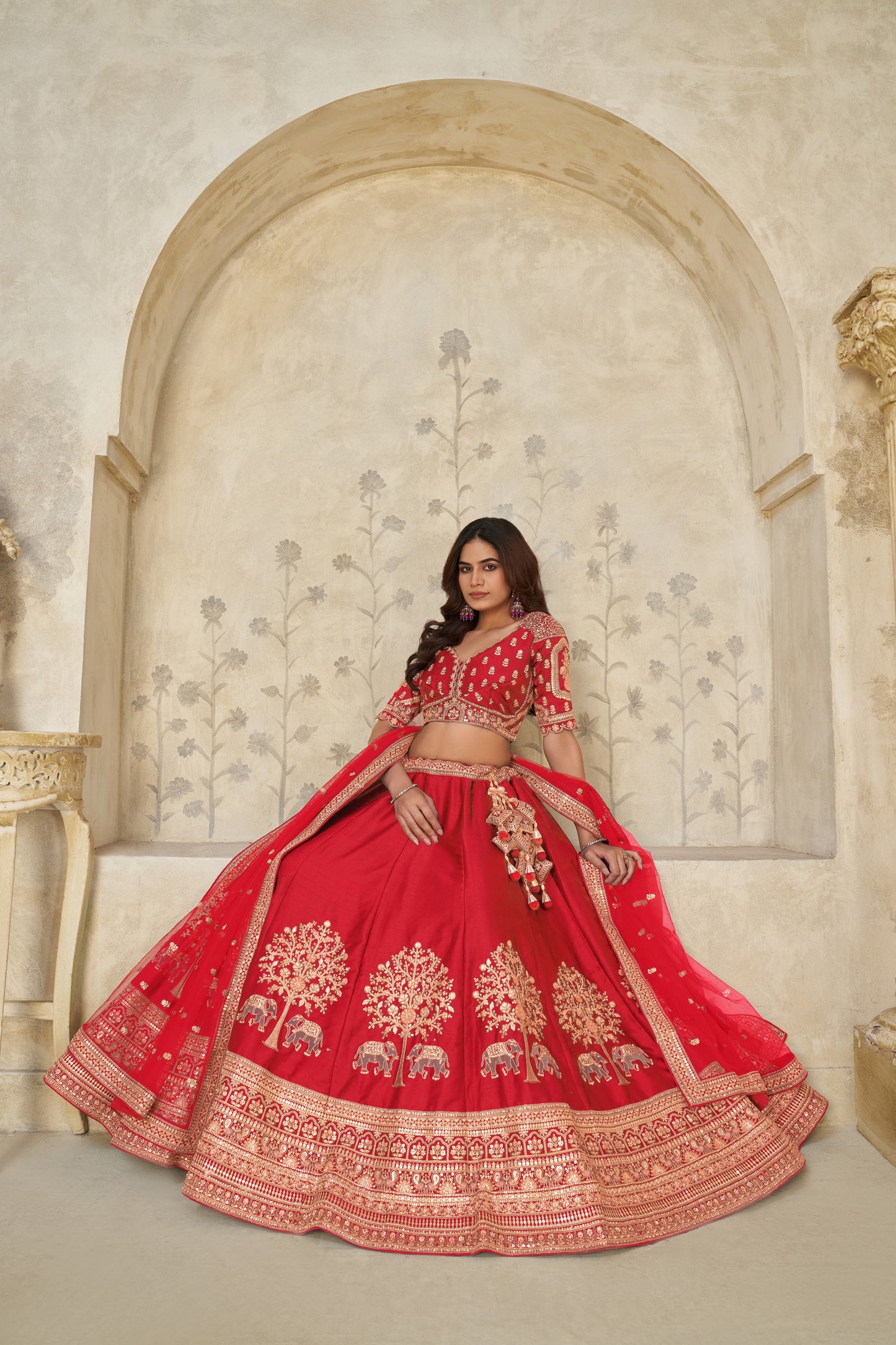 Trendy Rust Wedding Lehenga with Elephant Motifs Silk lehenga with Soft Net dupatta 2102