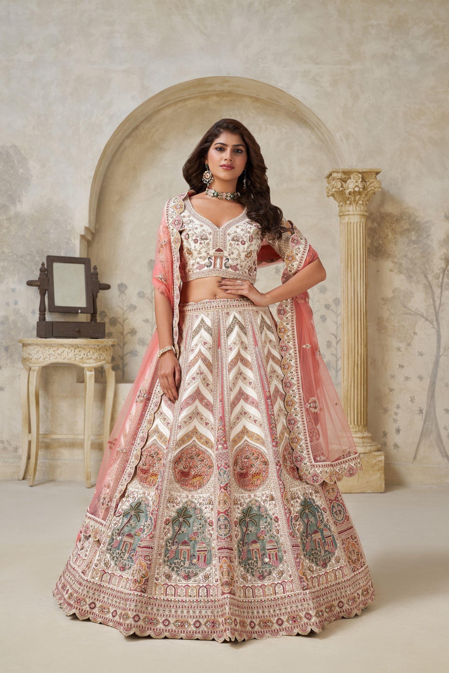 Designer Lehenga with Paisley Motifs & White Dori Work Silk lehenga with Soft Net dupatta 2112