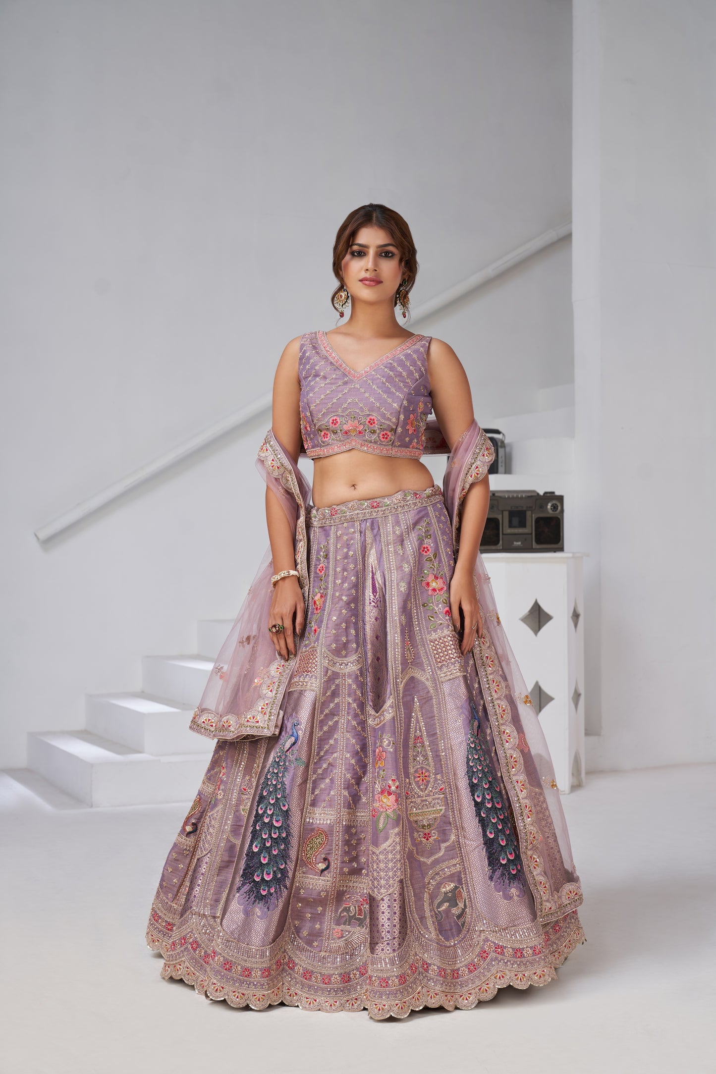 Designer Rust Raw Silk Lehenga with Peacock Feather Work Banarsi Silk lehenga with Soft Net dupatta 2150