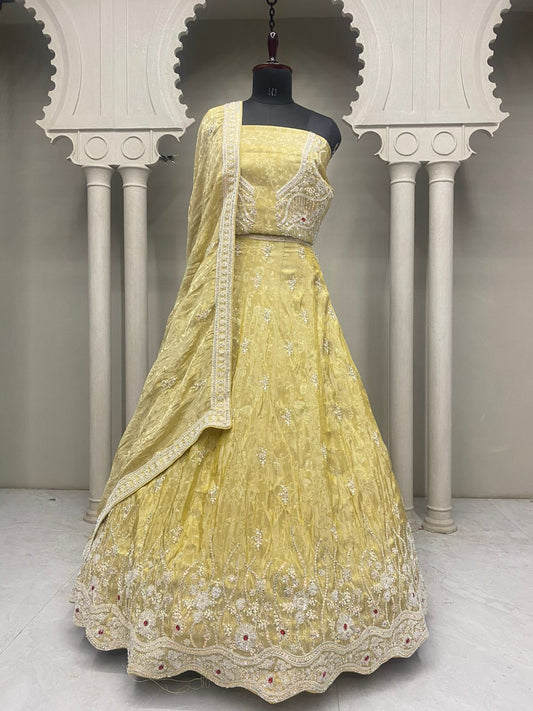 Yellow Golden Designer Crop Top Lehenga 2248