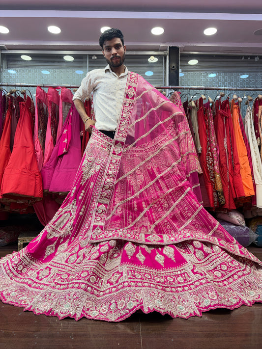 Lavishing Rani pink zardozi dabka handwork handmade bridal Lehenga