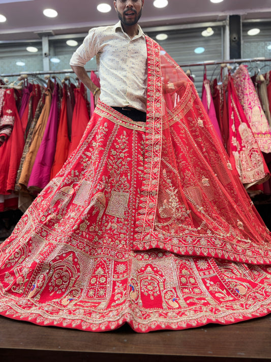 Attractive red zardozi dabka handwork handmade bridal Lehenga