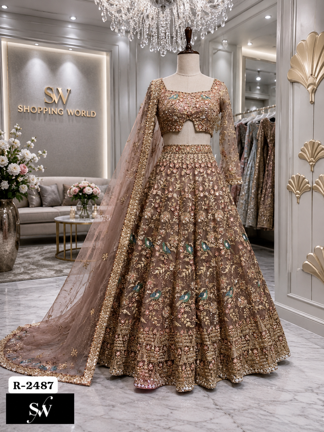 Brown Golden Crop Top Lehenga - Shopping World