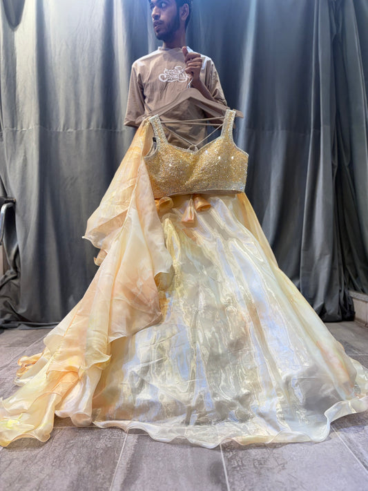Amazing White golden Crop top Lehenga