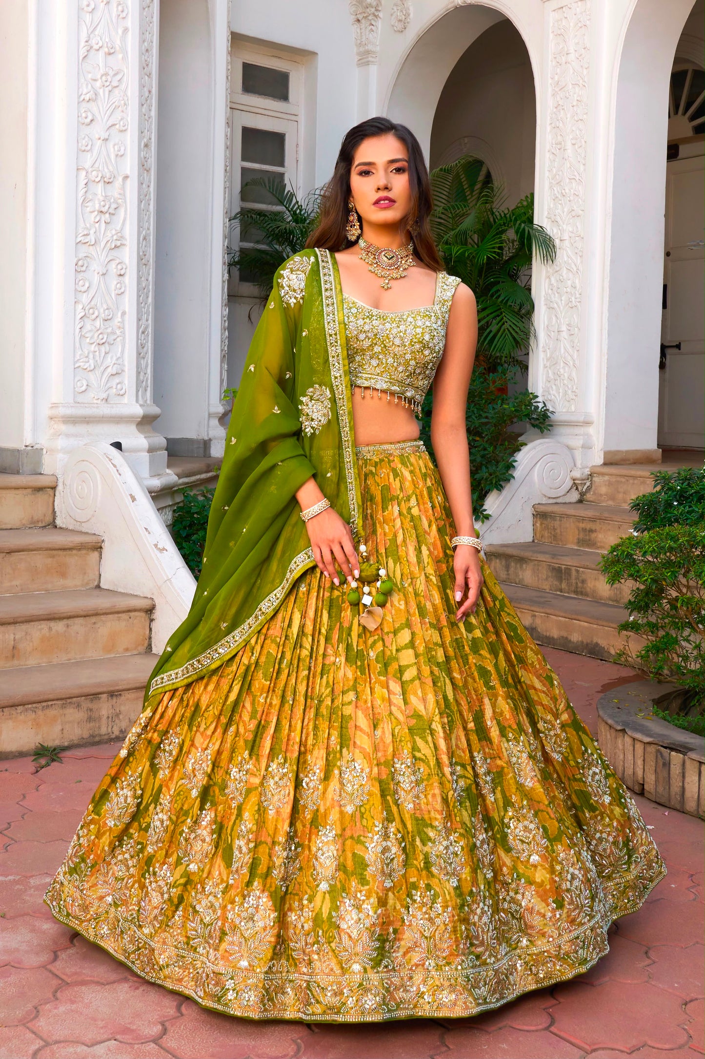 Green Yellow Multicolour Designer Crop Top Lehenga