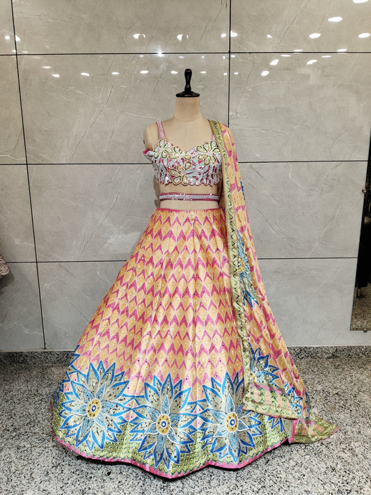 Green yellow orange pdp crop top Lehenga