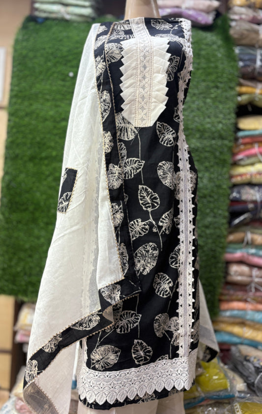 Khoobsurat white black unstitched salwar suit dress material(free size)
