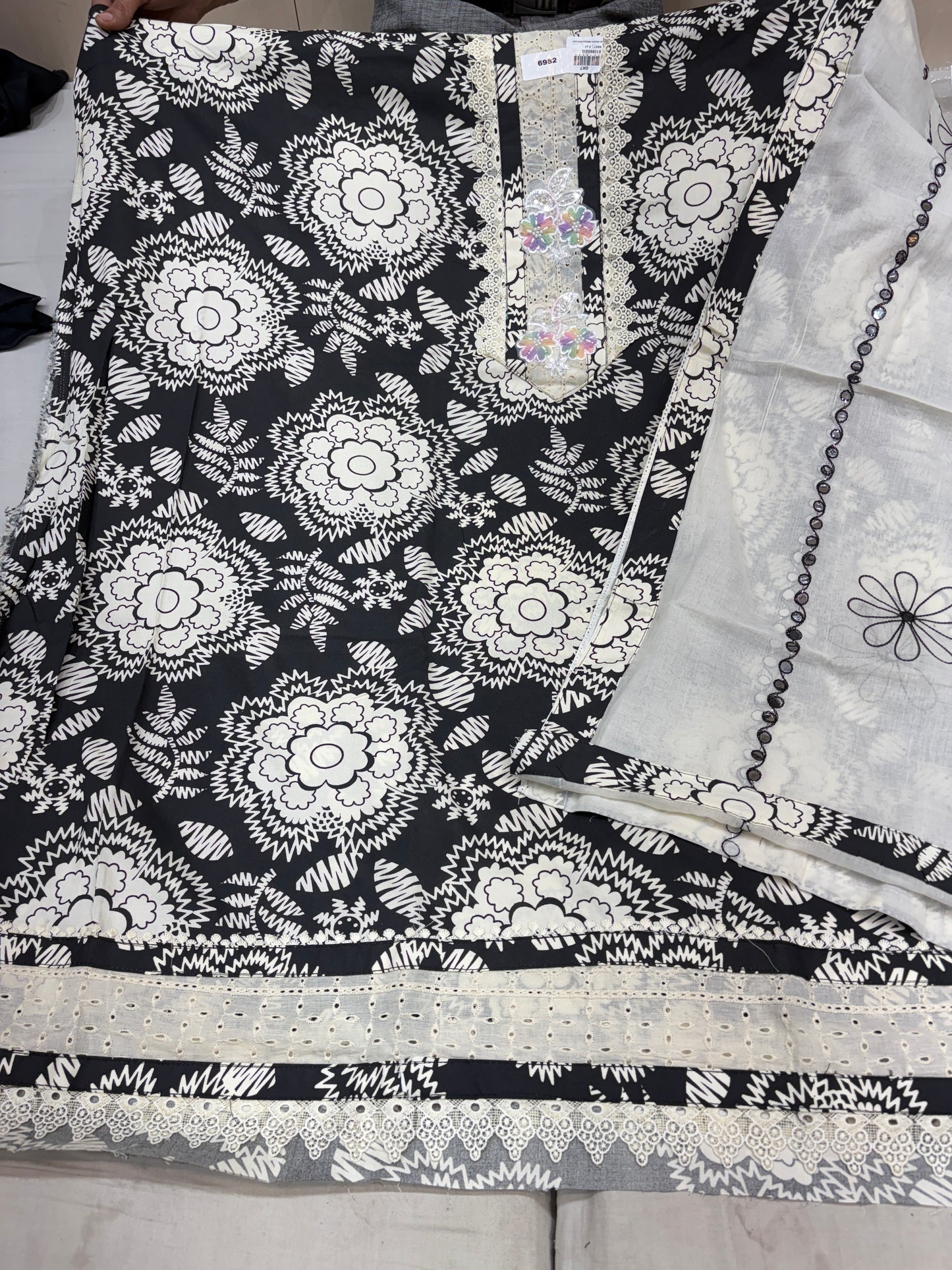 Elegant black white cotton unstitched suit ( free size )