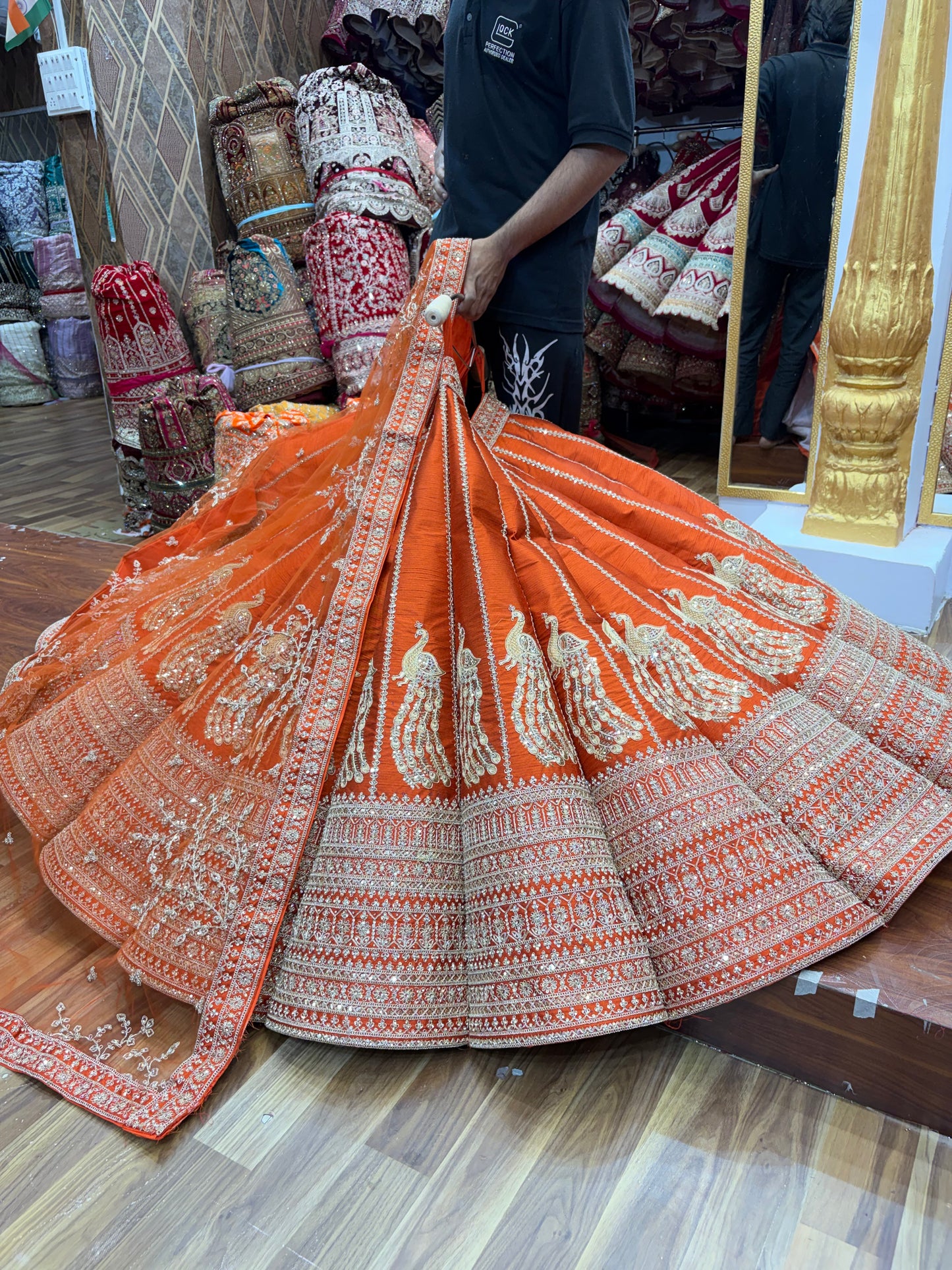 Orange rust peacock Ball Bridal Lehenga
