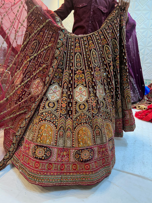 Sequence Dupatta Maroon Heavy bridal Lehenga