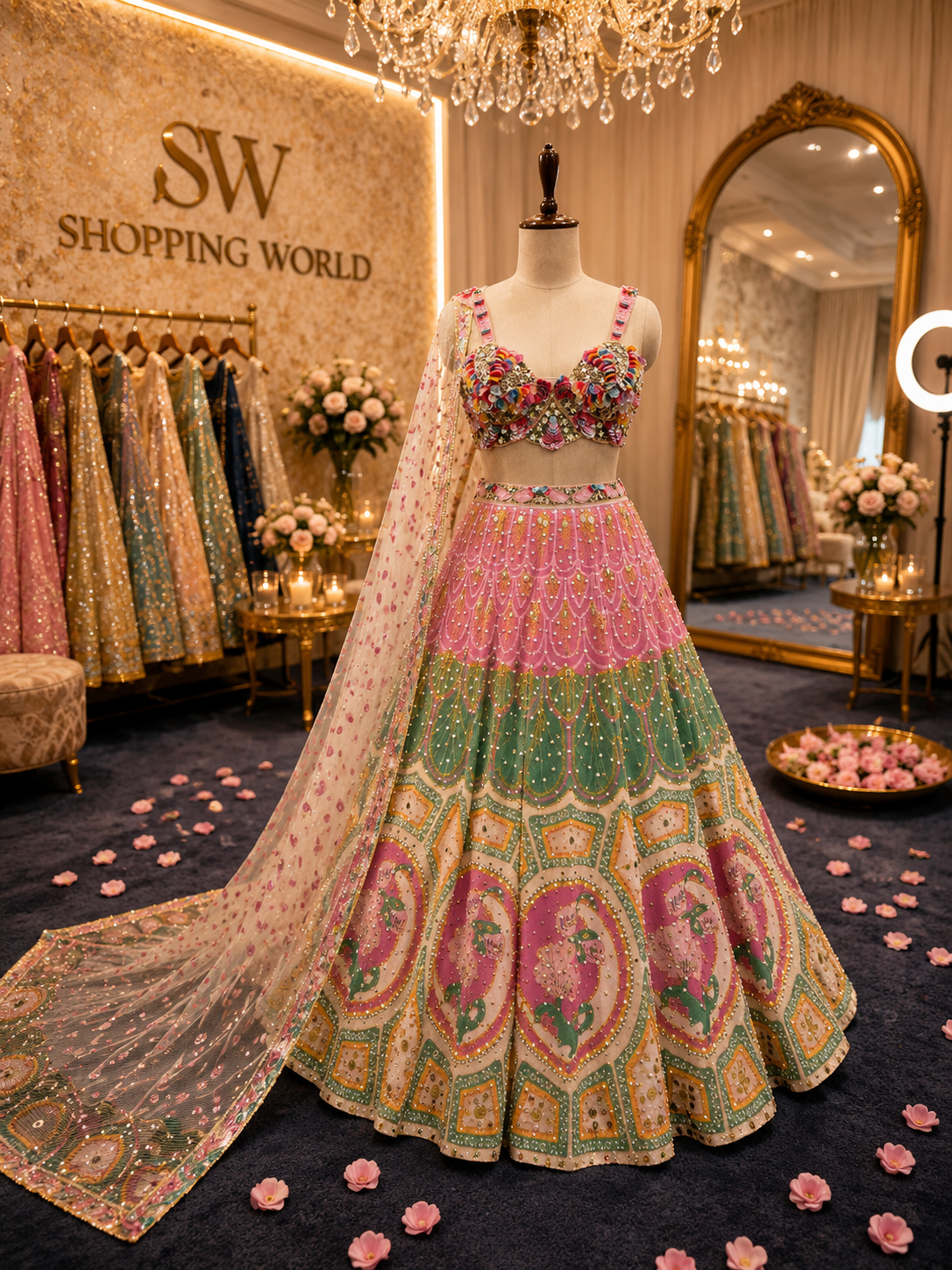Pink Green Pdp Crop Top Lehenga