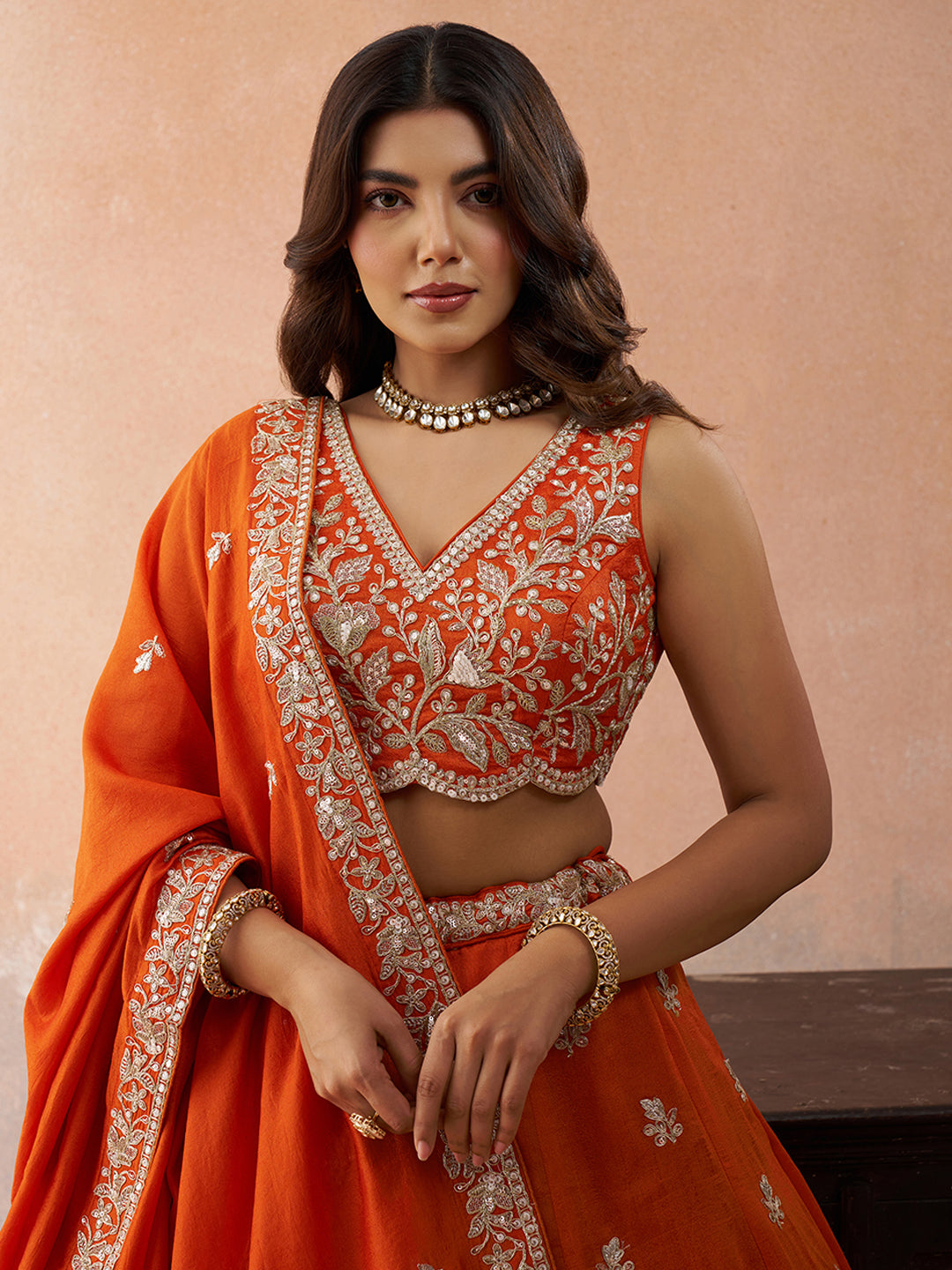 Rust Orange- Tissue Sequinned with Zari Embroidered Lehenga 6309