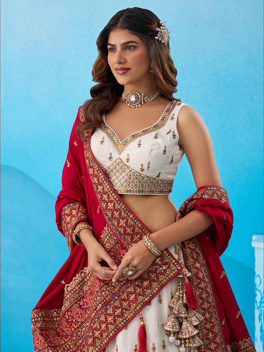 Cream White- Chinnon Silk Sequinned Thread & Zari Embroidered Lehenga 6213