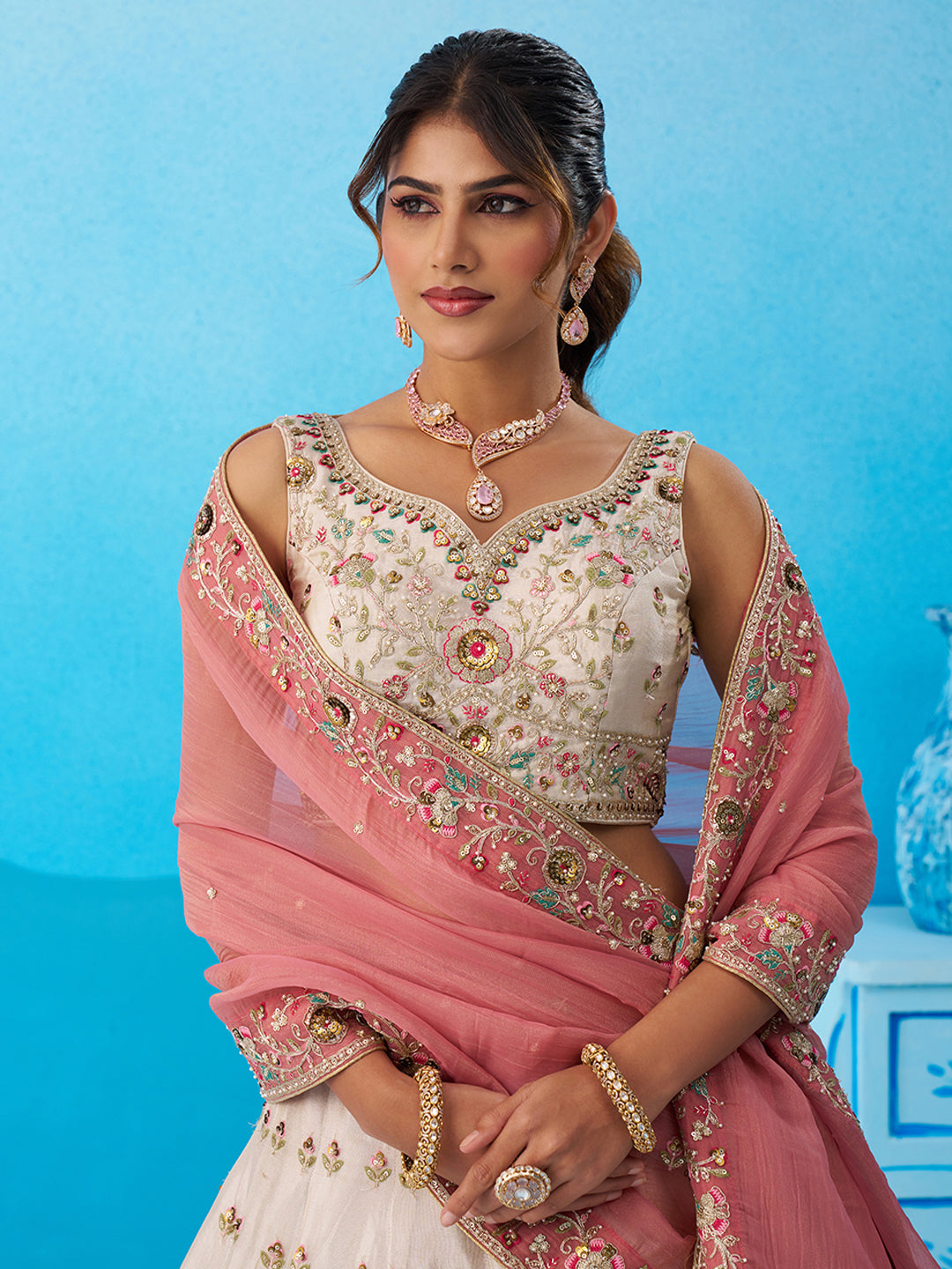 Cream pink- Tissue Sequins Embroidered Multicolor Patch Work Lehenga 6166