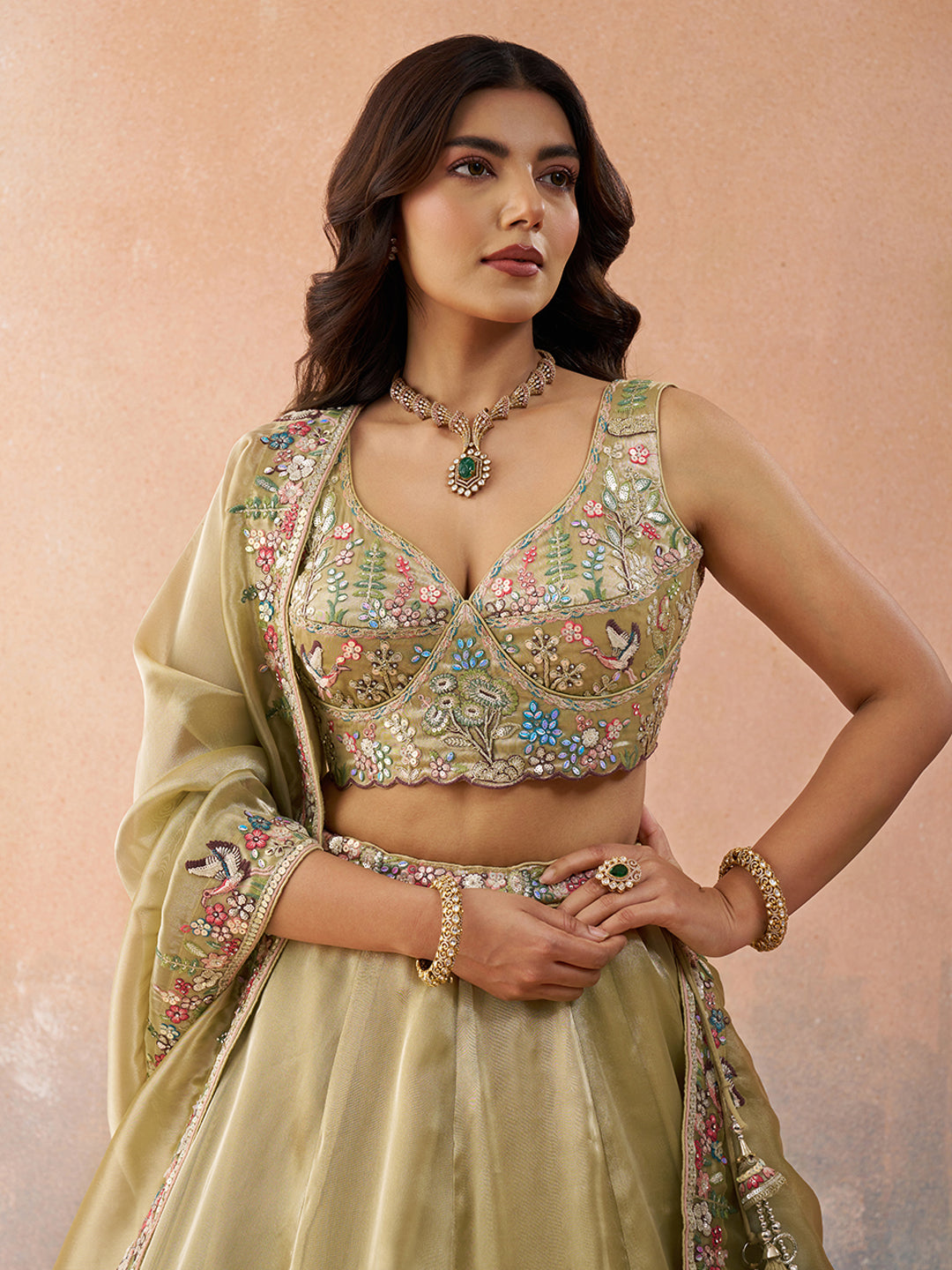 Beige golden- Tissue Sequinned with Zarkan Embroidered Lehenga 6298