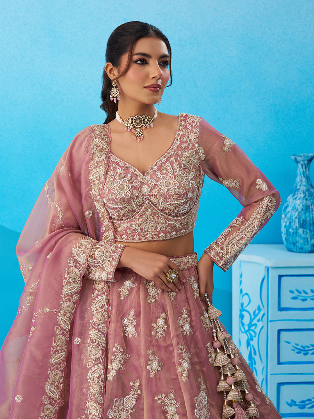 Pink- Tissue Beads & Sequins Embroidered Lehenga 6223