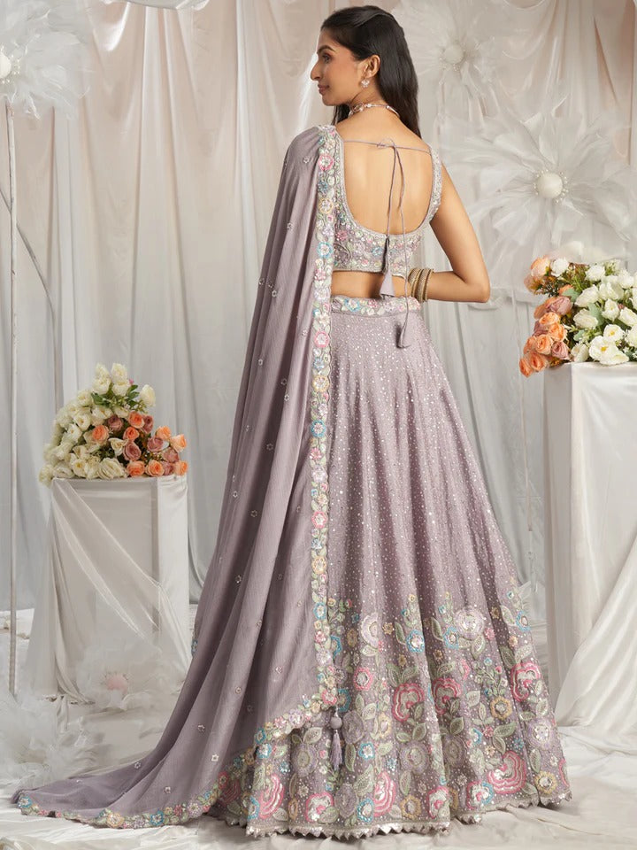 Multi-Color Thread,Sequin Heavy Embroidered Pastel Color Chiffon Semi Stitched sky blue Lehenga