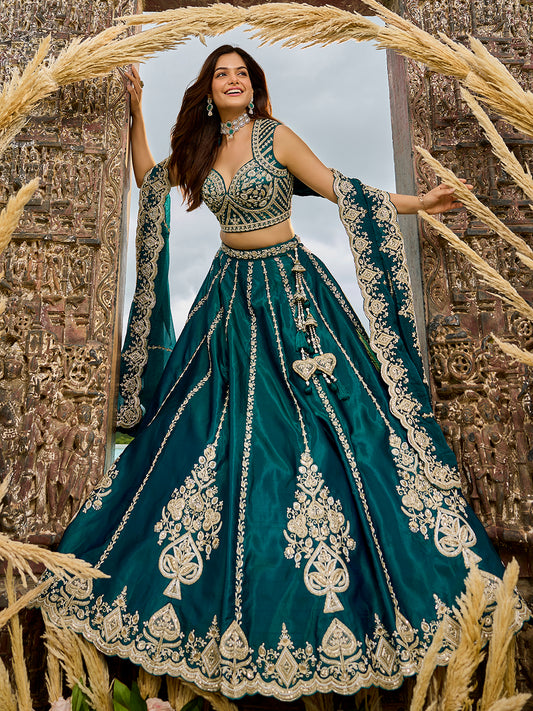 Rama green- Silk Fabric Beads & Sequined Embroidery Semi-Sttiched Lehenga Choli 6215