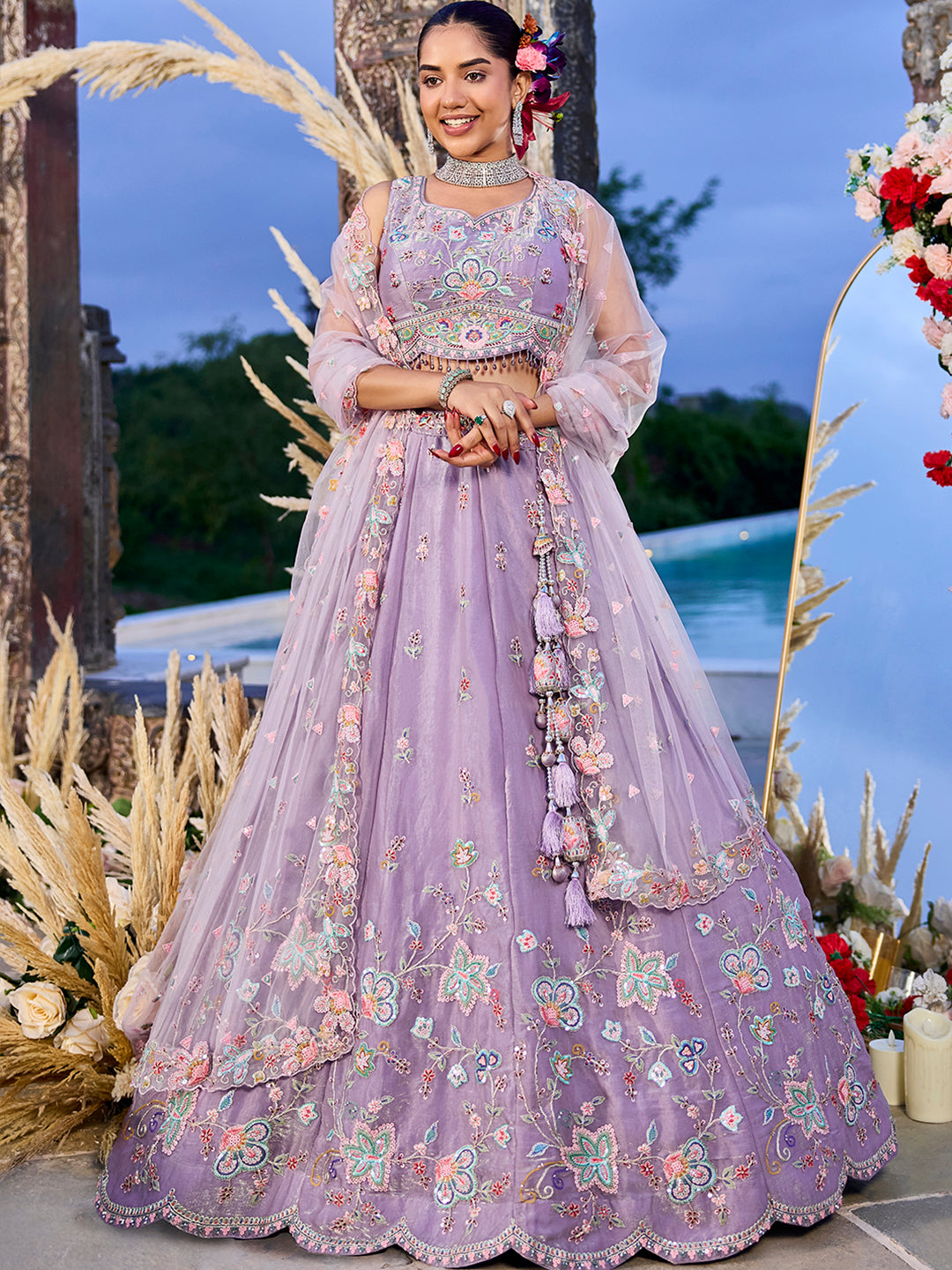 Lavender Pink- Satin Silk Fabric Sequins Embroidered Lavender Lehenga Choli & Dupatta Lavender Pink- Satin Silk Fabric Sequins Embroidered Lavender Lehenga Choli & Dupatta
