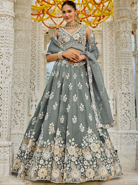 Grey- Organza Fabric Beads & Sequence Embroidered Ready to Wear crop top lehenga Choli & Dupatta