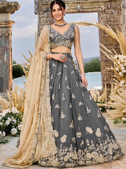 Grey- Tissue Fabric Beads & Sequence Embroidered Ready to Wear crop top lehenga Choli & Dupatta