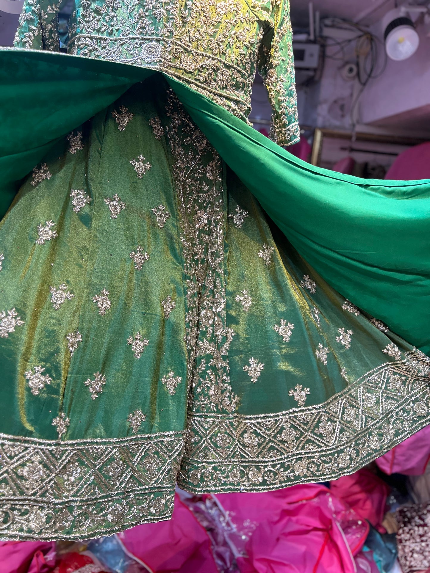 Amazing green Handmade Zardozi Dabka Peplum long Dress Farshi Gaharara Pakistani Bridal Dress Muslim Special