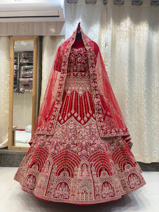 Stunning 12 kali red jhumka bridal Lehenga