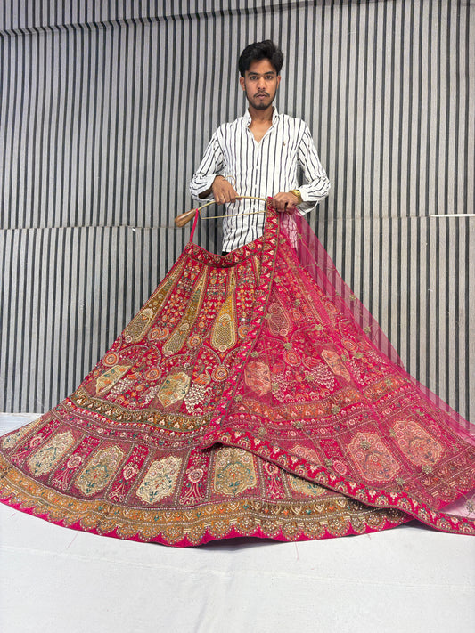 Pretty red rani pink peacock handwork bridal Lehenga