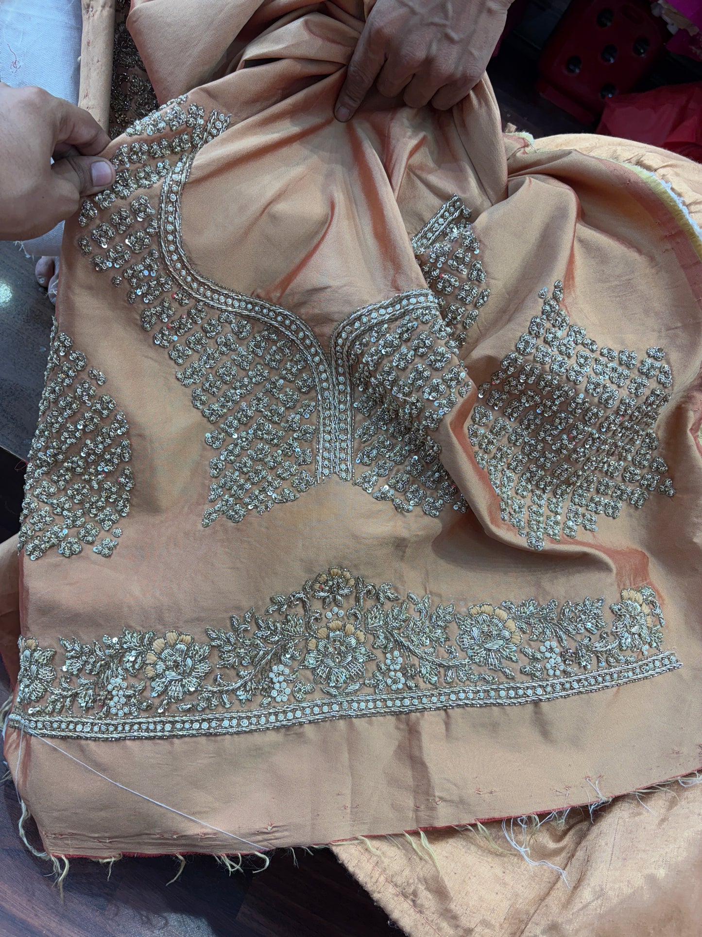 Amazing peach orange golden zardozi dabka handwork handmade bridal Lehenga