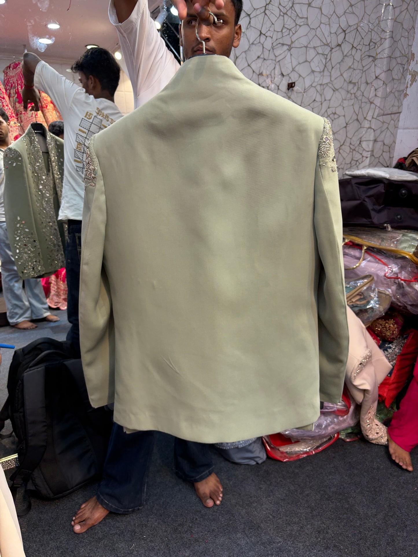 Pista Green Mirror Work Indo western Jodhpuri Mens Wear