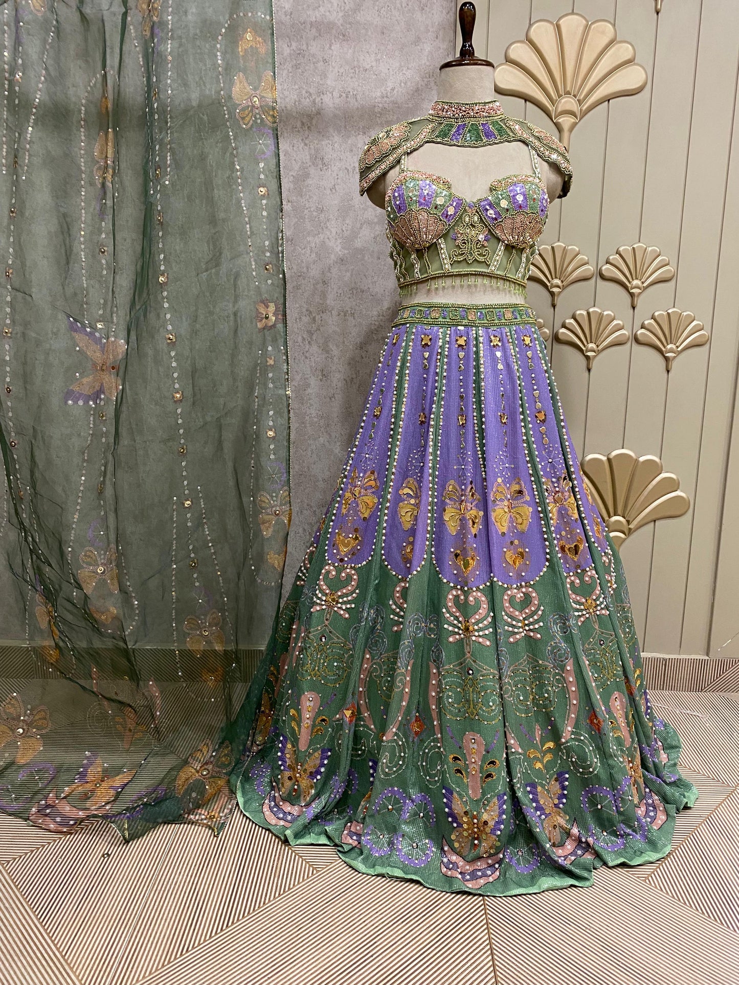 Green lavender PDP crop top lehenga