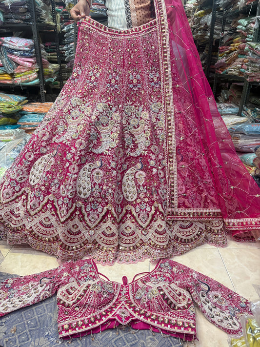Embellished peacock pink crop top Lehenga