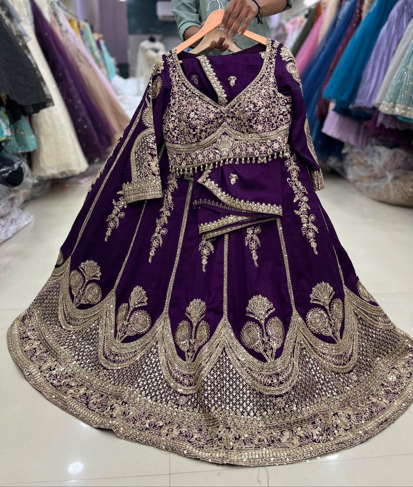 Purple green orange white crop top Lehenga