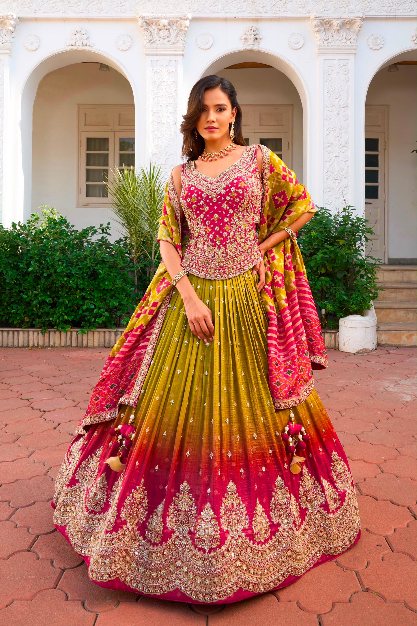 Hot Pink Mustard Designer Crop Top Lehenga