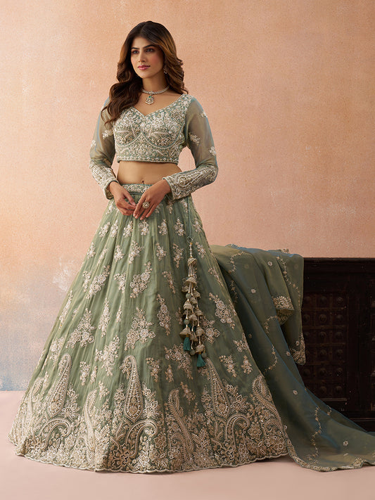 Seagreen- Tissue Beads & Sequins Embroidered Lehenga 6223