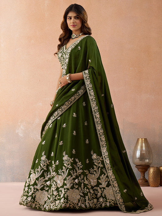 Mehendi Green- Tissue Sequinned with Zari Embroidered Lehenga 6309