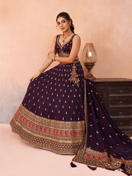 Purple- Chinnon Silk Sequinned Thread & Zari Embroidered Lehenga 6213