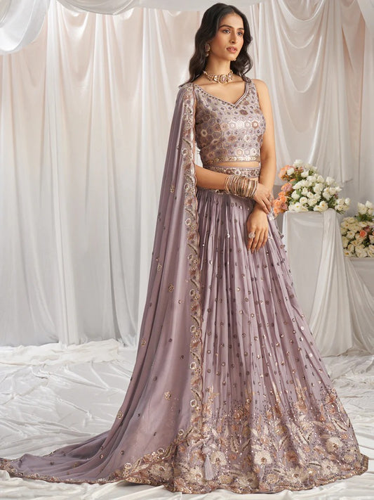 Bright Sequins Golden-Sliver Threaded Embroidered Georgette mauve Lehenga