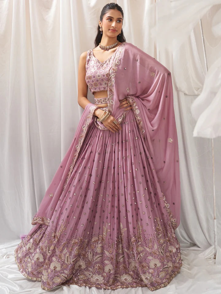 Bright Sequins Golden-Sliver Threaded Embroidered Georgette mauve Lehenga